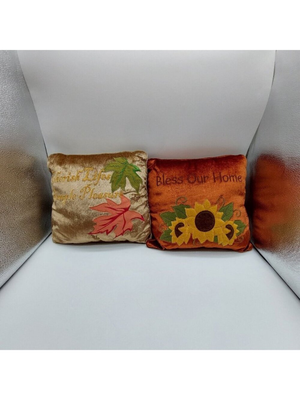 Bless Our Home & Cherish Lifes Simple Pleasures Velvet Square Pillow Lot of 2